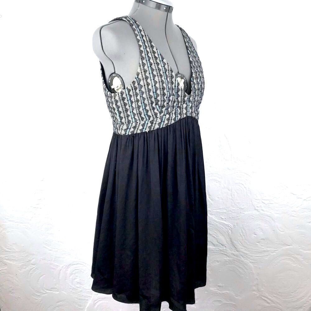 Anthropologie Ladakh Black Woven V neck Halter Boho Tribal Festival Mini Dress